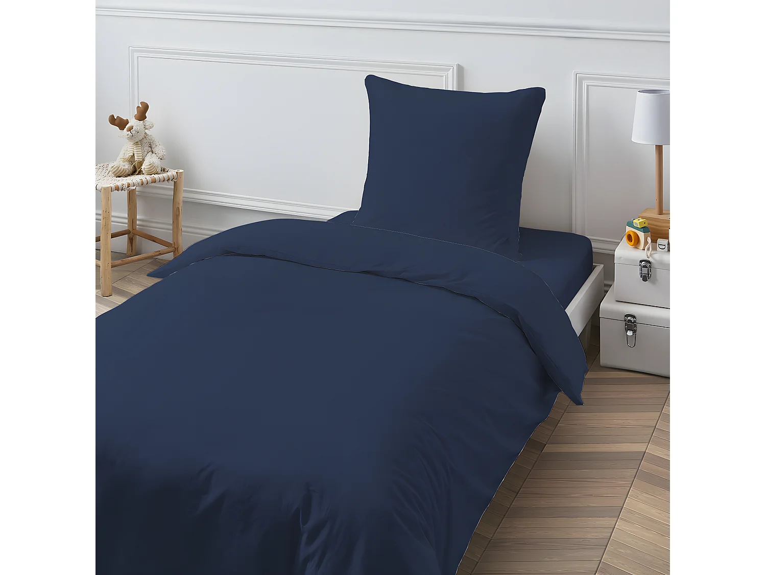 Drap housse en coton 57 fils uni bonnet 25cm bleu 90x190cm