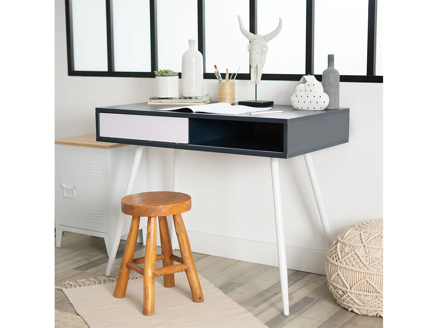 Bureau avec 1 coffre et une porte coulissante blanche en plateau noir et pieds blanc,SHARPE