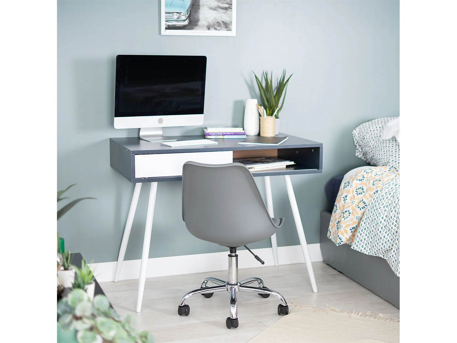 Bureau avec 1 coffre et une porte coulissante blanche en plateau noir et pieds blanc,SHARPE