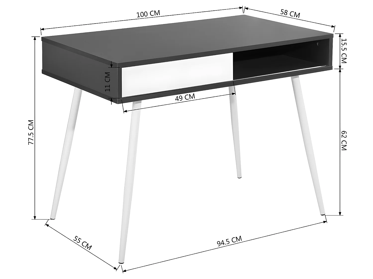 Bureau avec 1 coffre et une porte coulissante blanche en plateau noir et pieds blanc,SHARPE