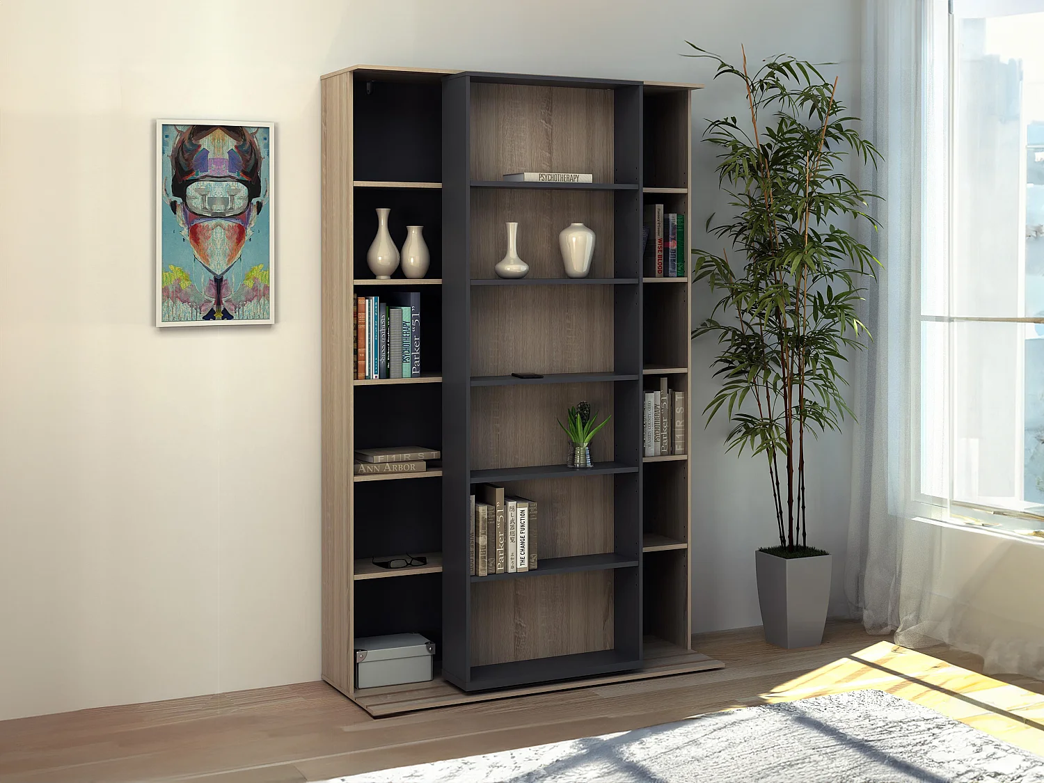 Bibliothèque coulissante avec 18 niches - Naturel et anthracite - PRALI