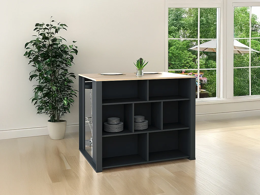 Ilot central de cuisine avec 7 niches - Naturel et anthracite - OPOLE
