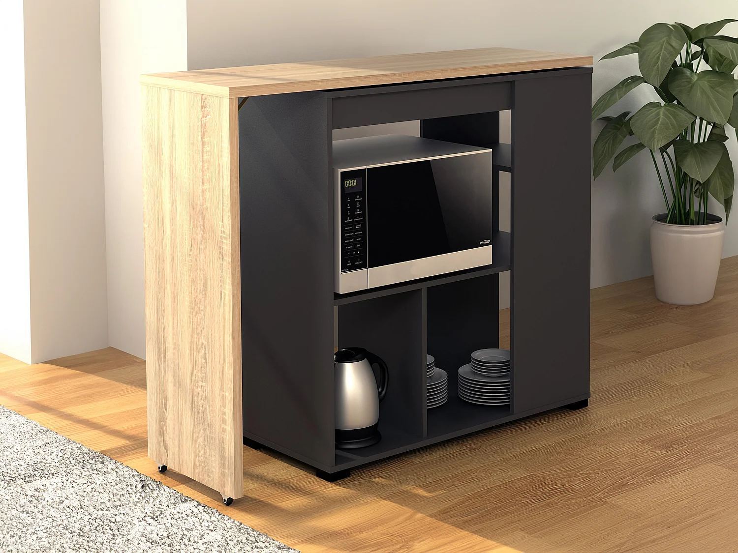 Meuble de bar pivotant avec rangements - Naturel et anthracite - SATURNE