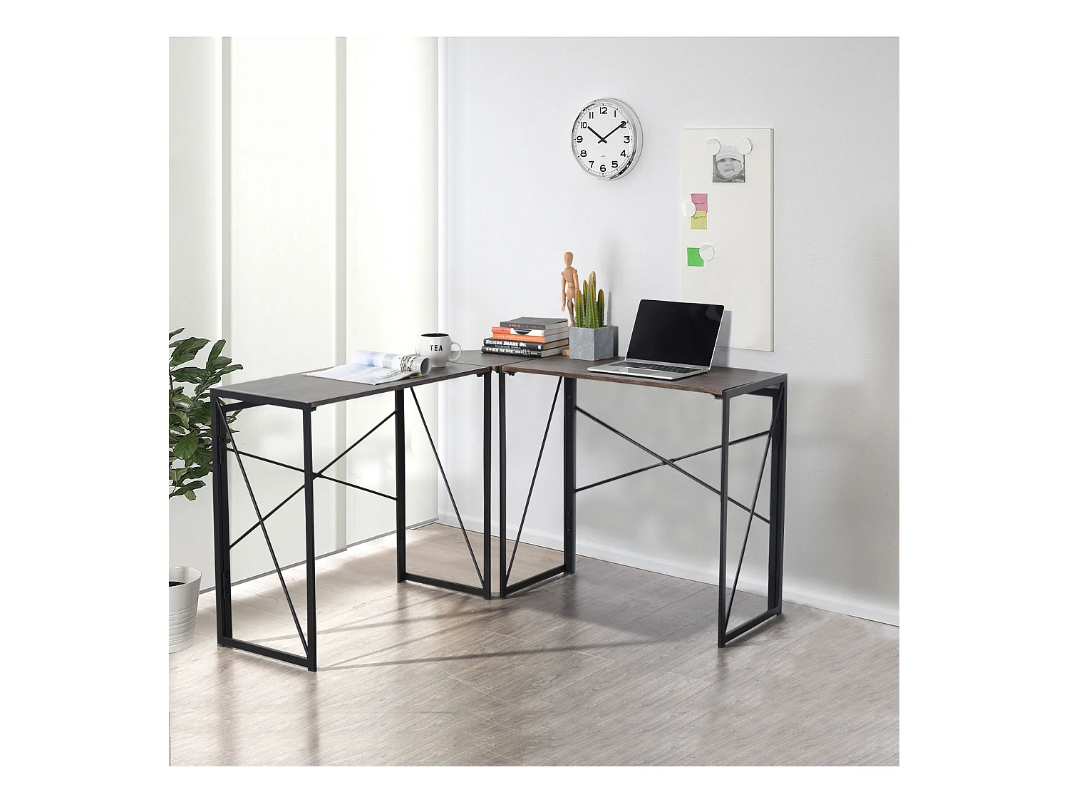Bureau d'angle Style Industriel Cadre en métal Pliable Imitation Noyer,ALBERTIN