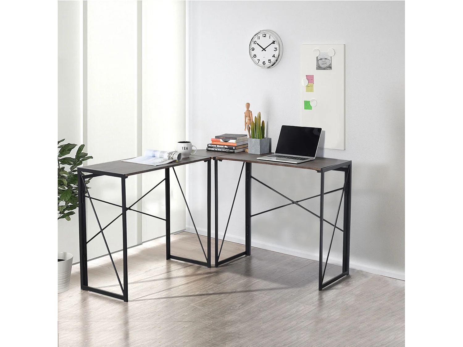 Bureau d'angle Style Industriel Cadre en métal Pliable Imitation Noyer,ALBERTIN