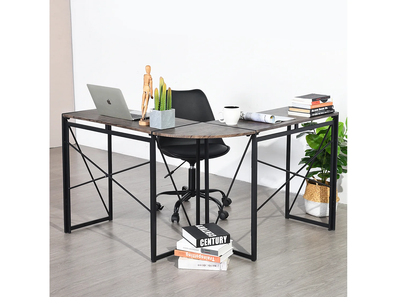 Bureau d'angle Style Industriel Cadre en métal Pliable Imitation Noyer,ALBERTIN