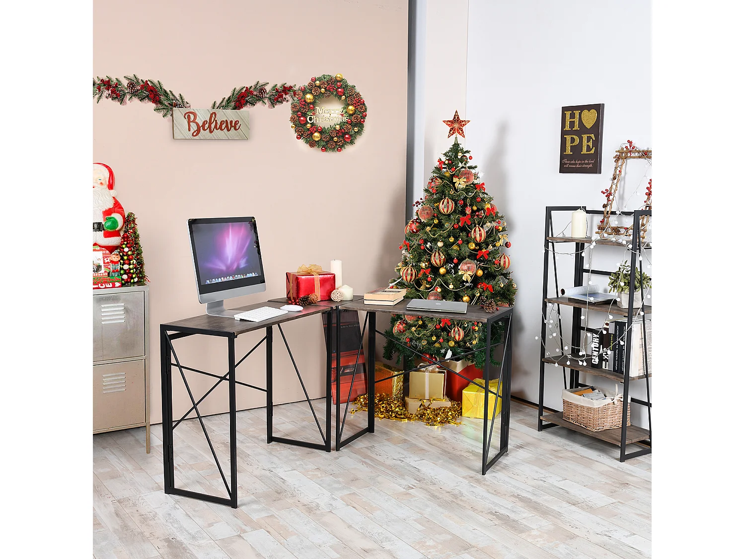 Bureau d'angle Style Industriel Cadre en métal Pliable Imitation Noyer,ALBERTIN