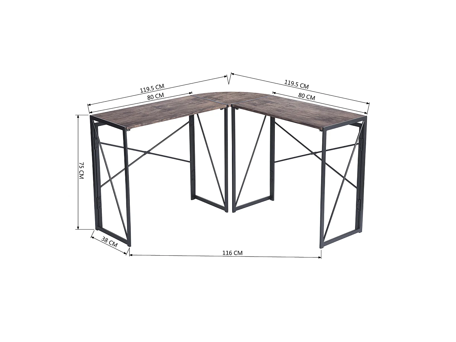 Bureau d'angle Style Industriel Cadre en métal Pliable Imitation Noyer,ALBERTIN