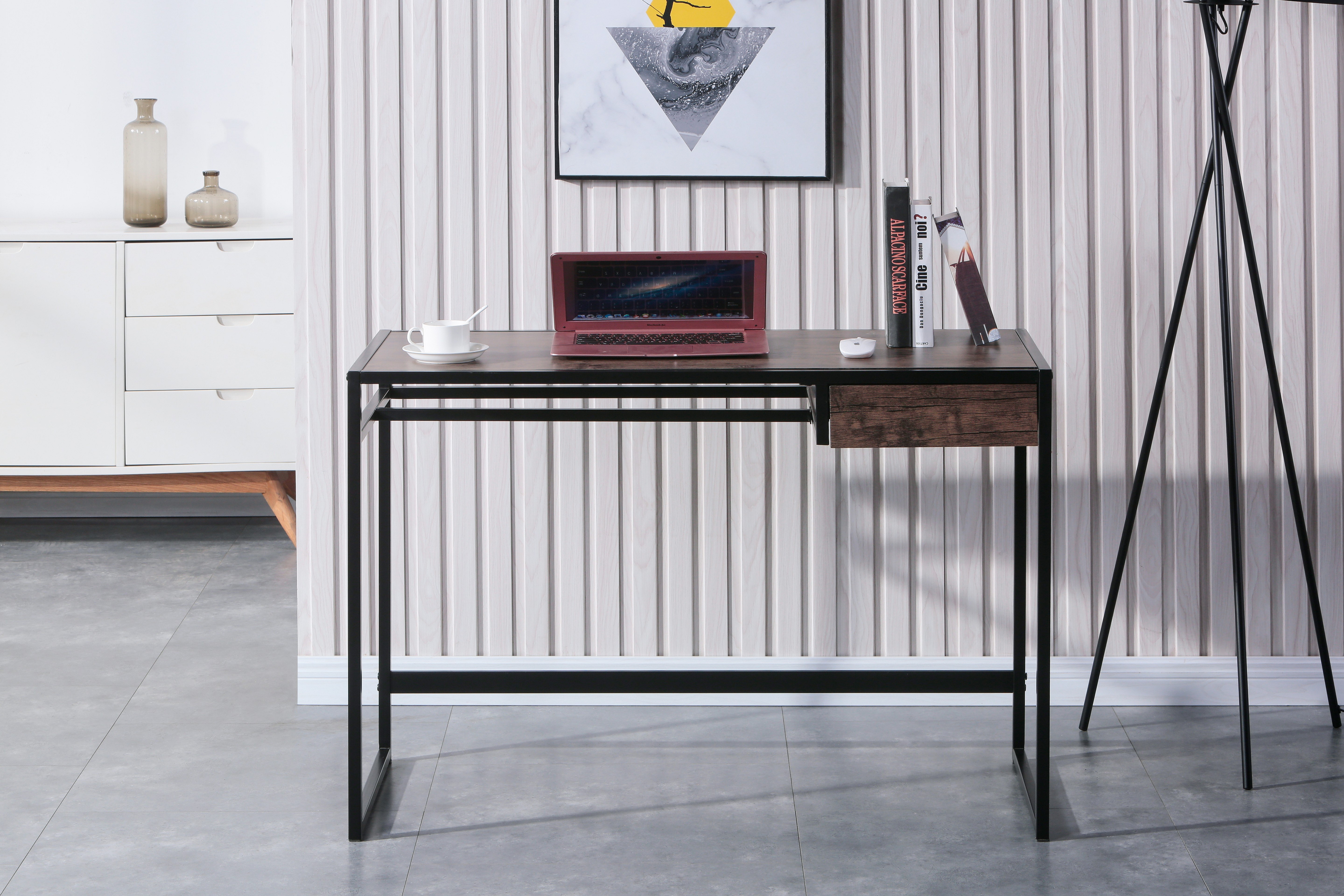 Bureau d'Ordinateur avec Tiroir de Rangement Réversible 128 x 50 x 93 CM Style Industriel Couleur Marron Rustique