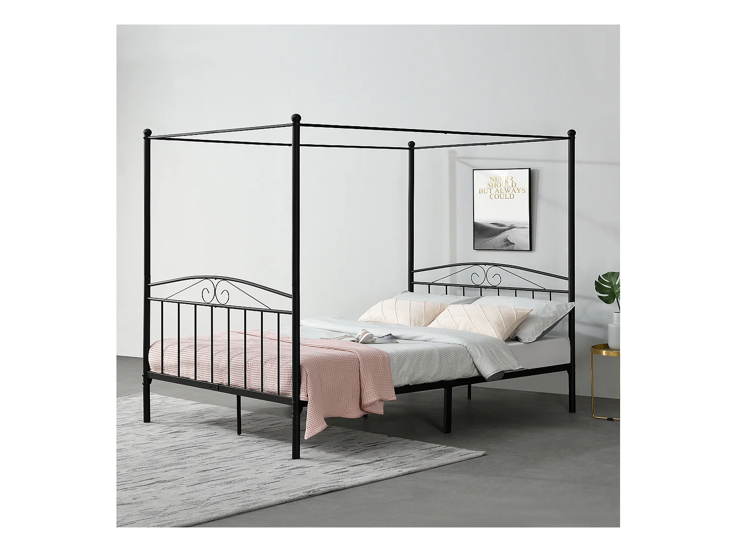 Cadre de Lit Double Lathi Baldaquin Métal 180 x 200 cm Noir Mat [en.casa]