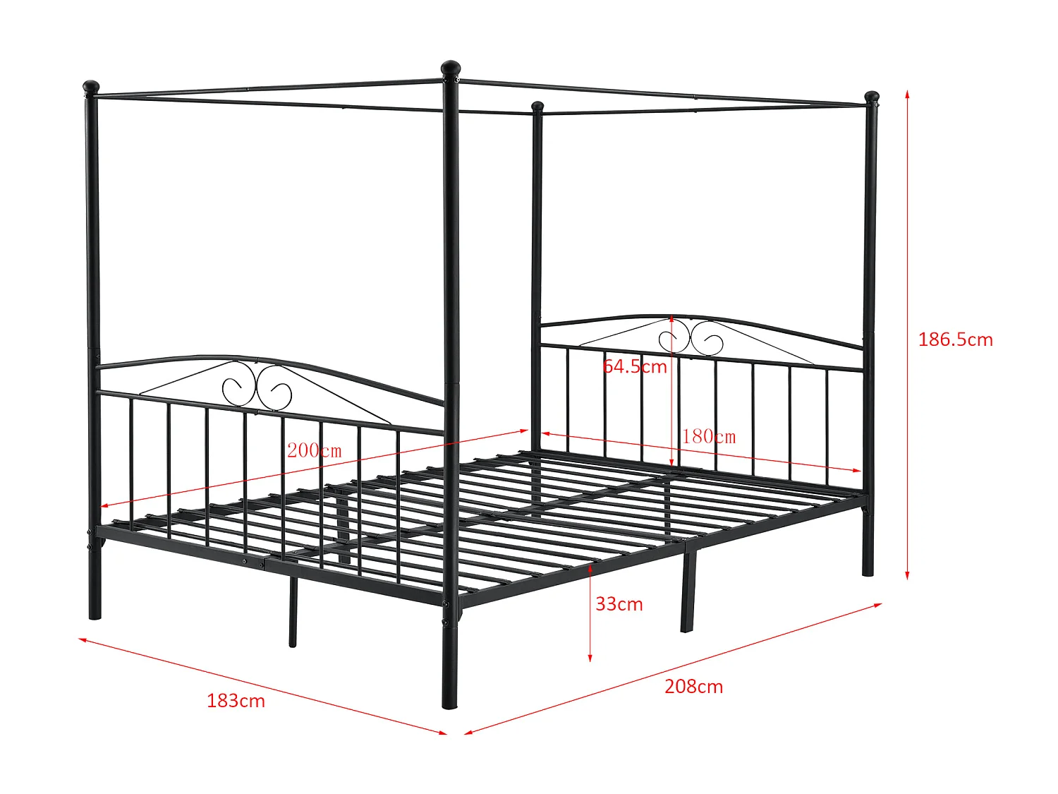 Cadre de Lit Double Lathi Baldaquin Métal 180 x 200 cm Noir Mat [en.casa]