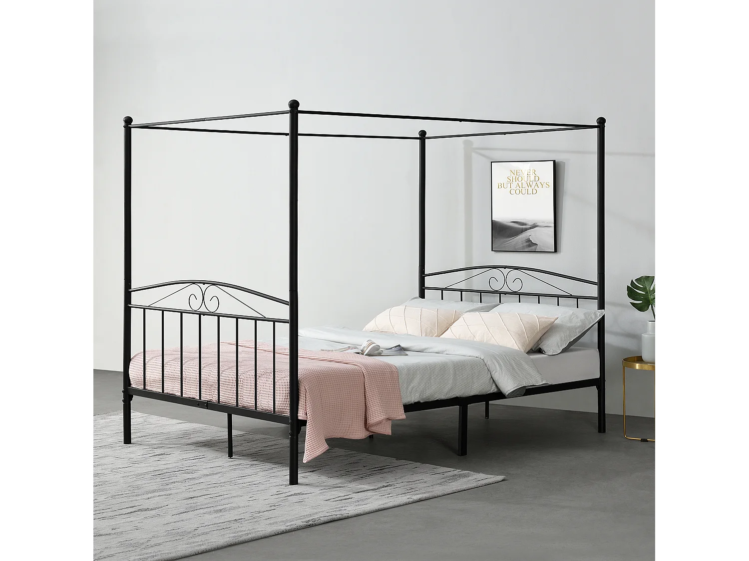 Cadre de Lit Double Lathi Baldaquin Métal 180 x 200 cm Noir Mat [en.casa]