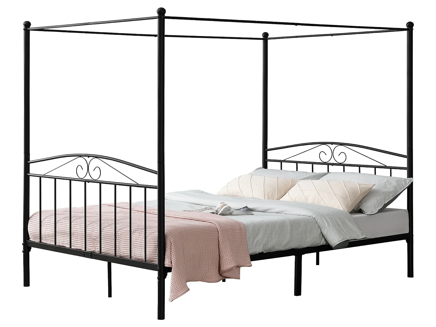 Cadre de Lit Double Lathi Baldaquin Métal 180 x 200 cm Noir Mat [en.casa]