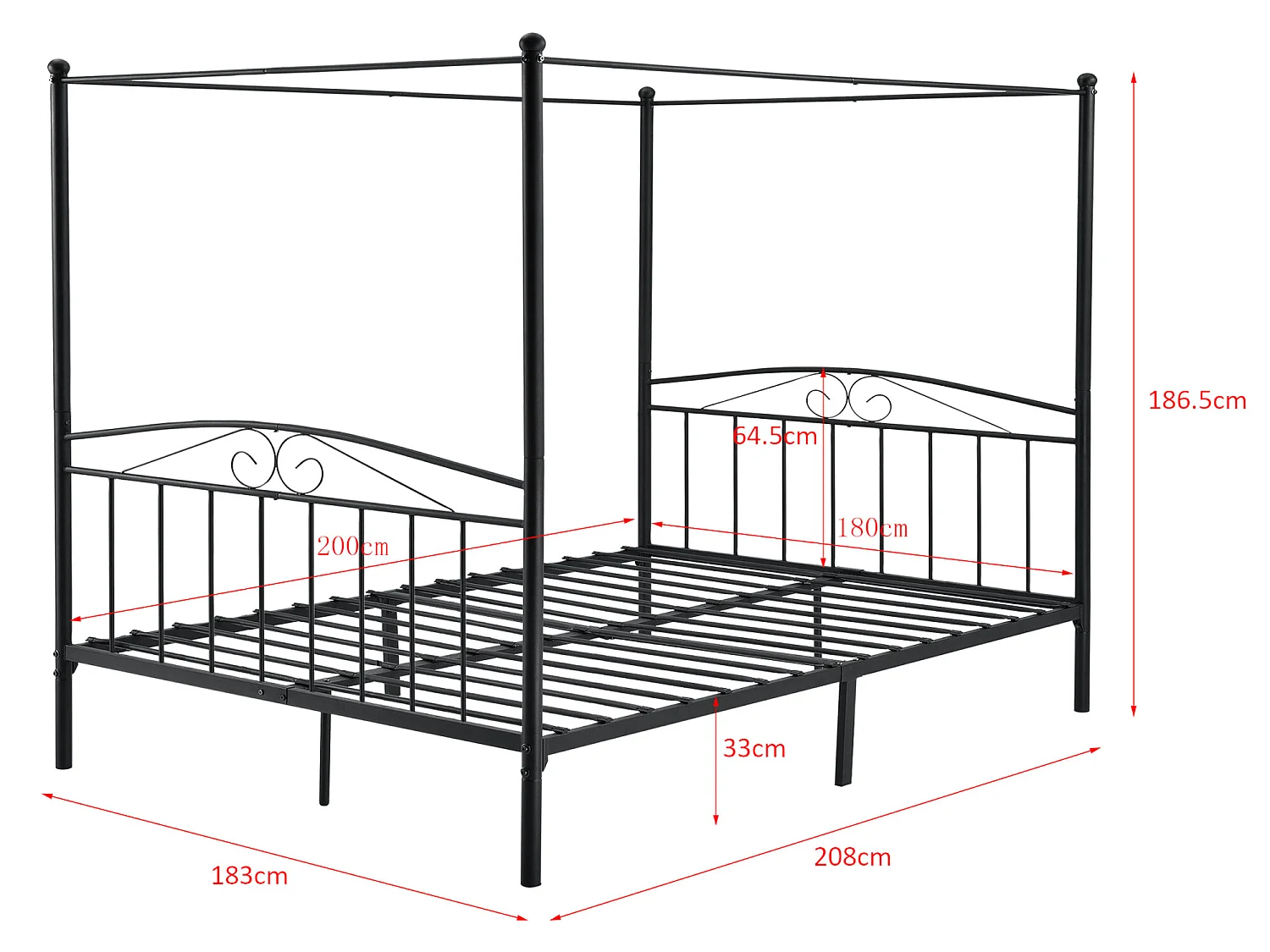 Cadre de Lit Double Lathi Baldaquin Métal 180 x 200 cm Noir Mat [en.casa]