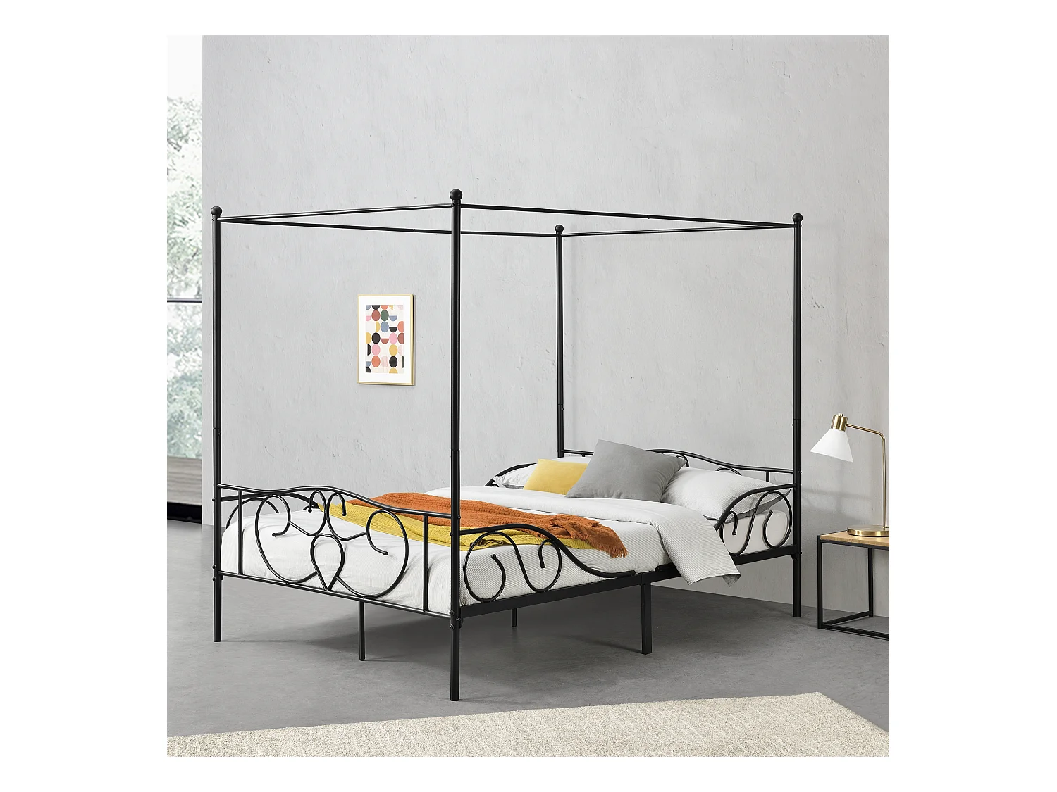 Lit Double à Baldaquin Finström en Métal 140 x 200 cm Noir Mat [en.casa]