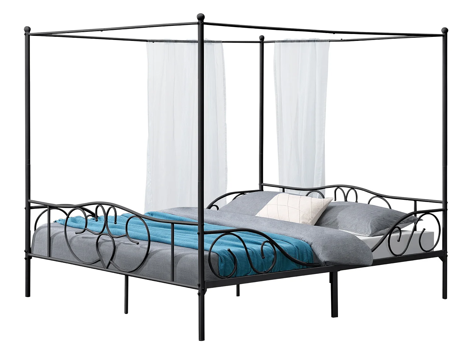 Lit Double à Baldaquin Finström en Métal 180 x 200 cm Noir Mat [en.casa]