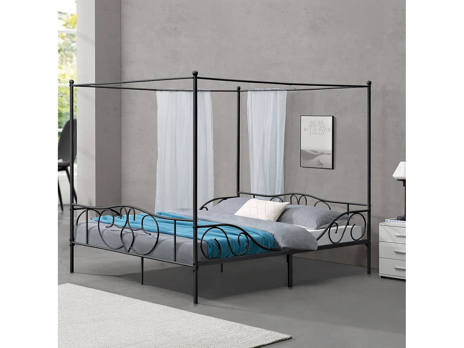 Lit Double à Baldaquin Finström en Métal 180 x 200 cm Noir Mat [en.casa]