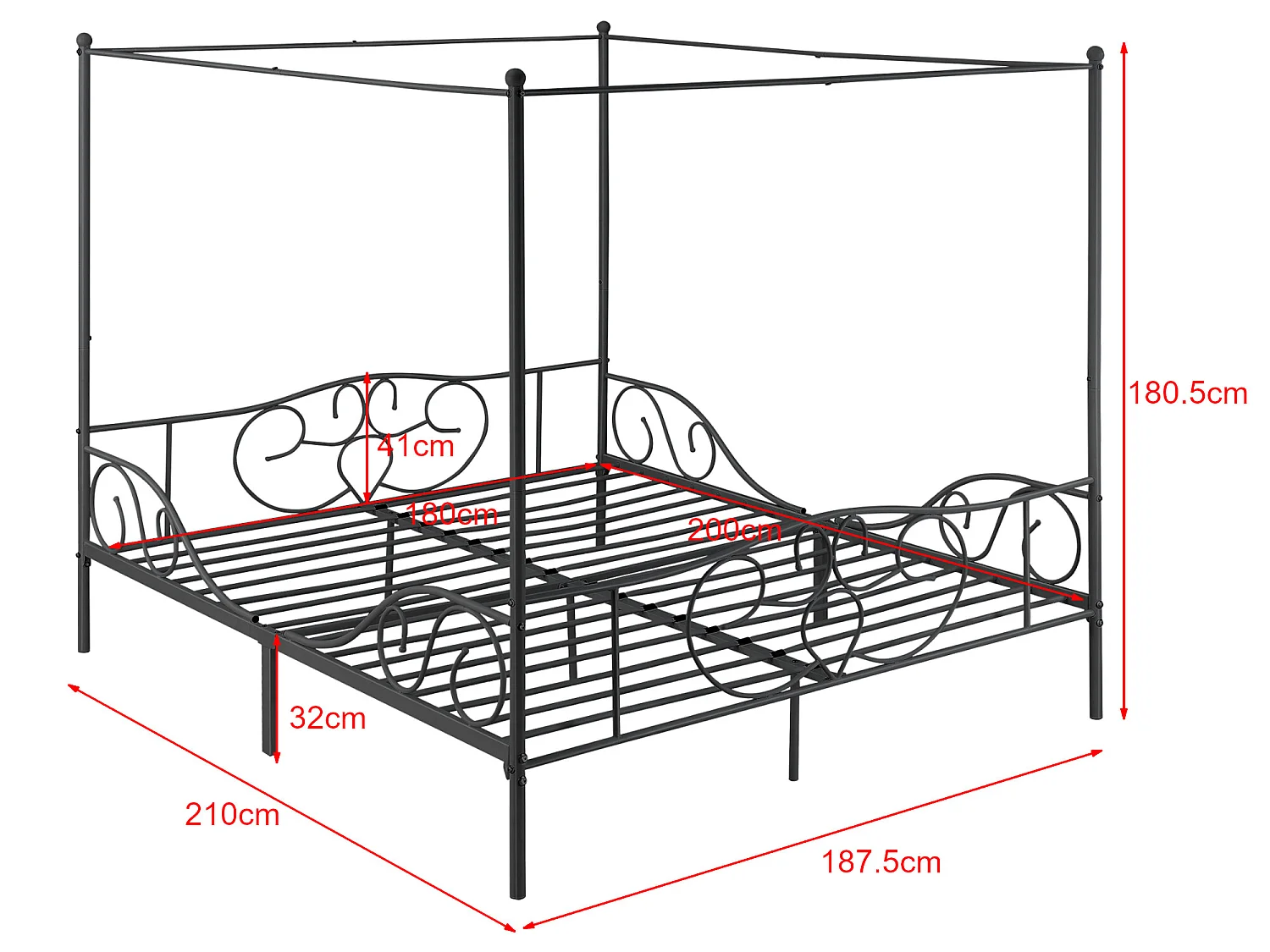 Lit Double à Baldaquin Finström en Métal 180 x 200 cm Noir Mat [en.casa]