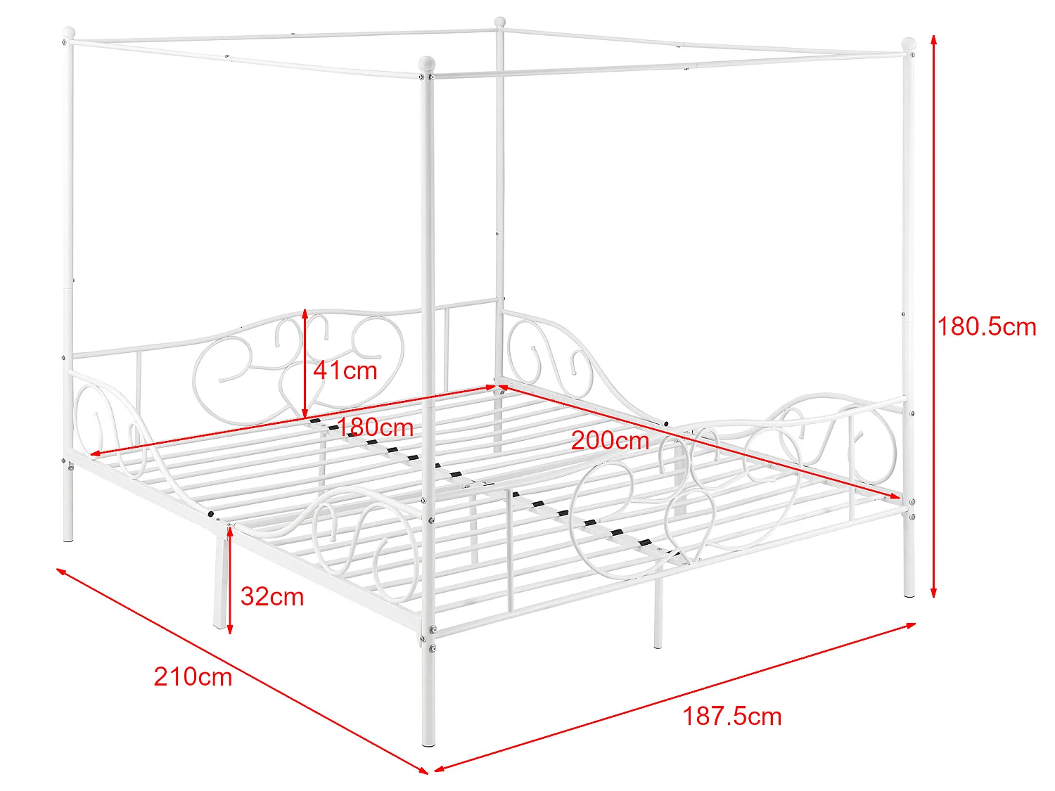 Lit Double à Baldaquin Finström en Métal 180 x 200 cm Blanc Mat [en.casa]