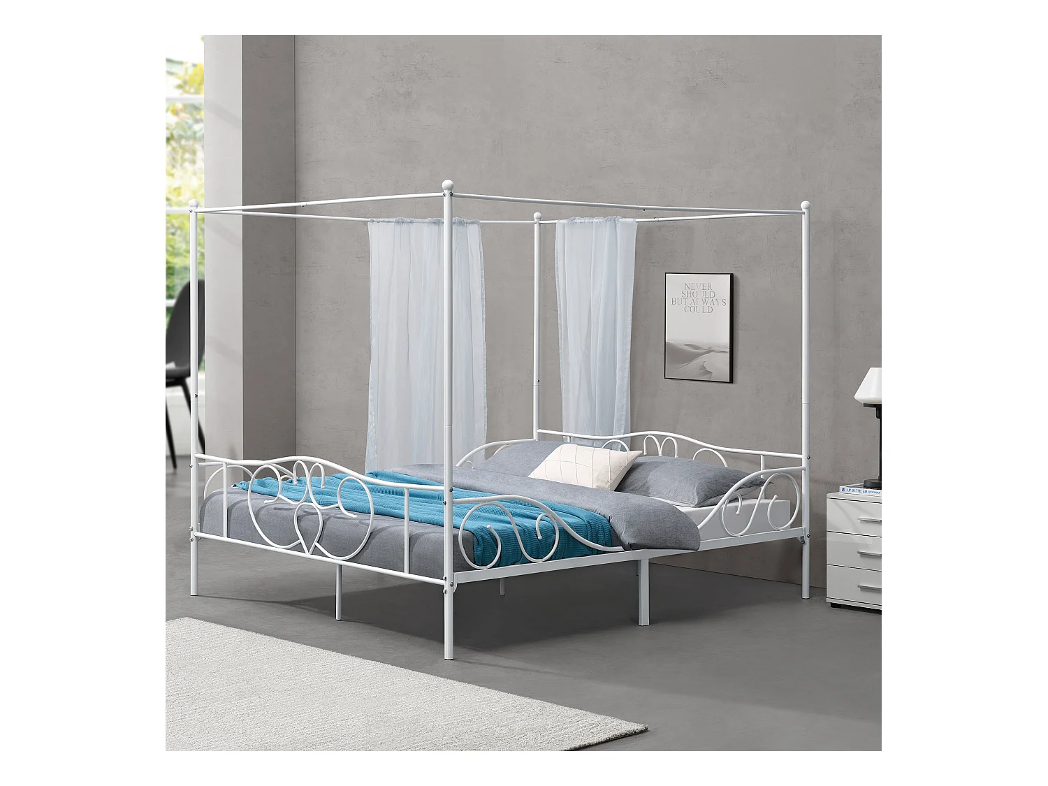 Lit Double à Baldaquin Finström en Métal 180 x 200 cm Blanc Mat [en.casa]