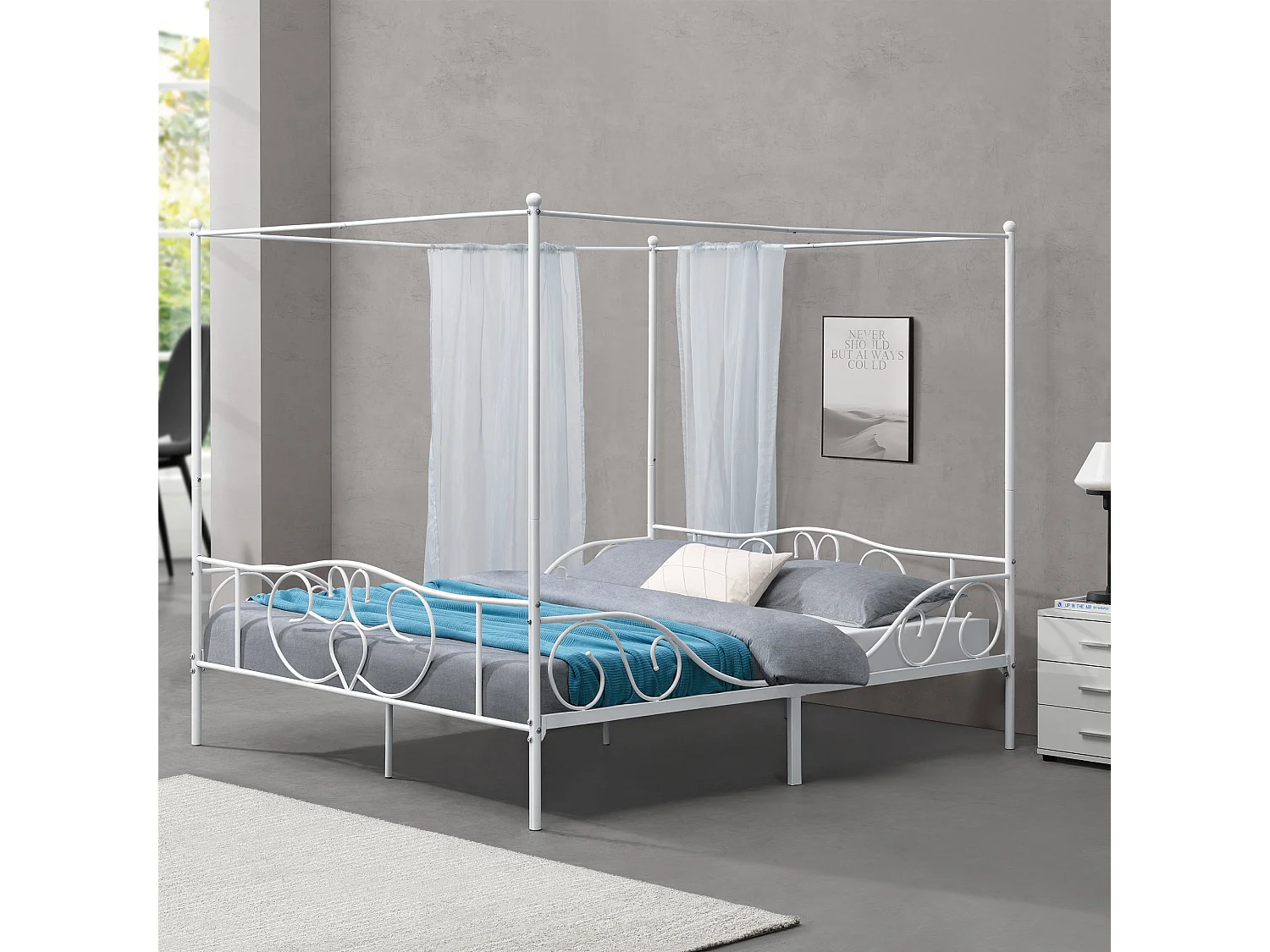 Lit Double à Baldaquin Finström en Métal 180 x 200 cm Blanc Mat [en.casa]