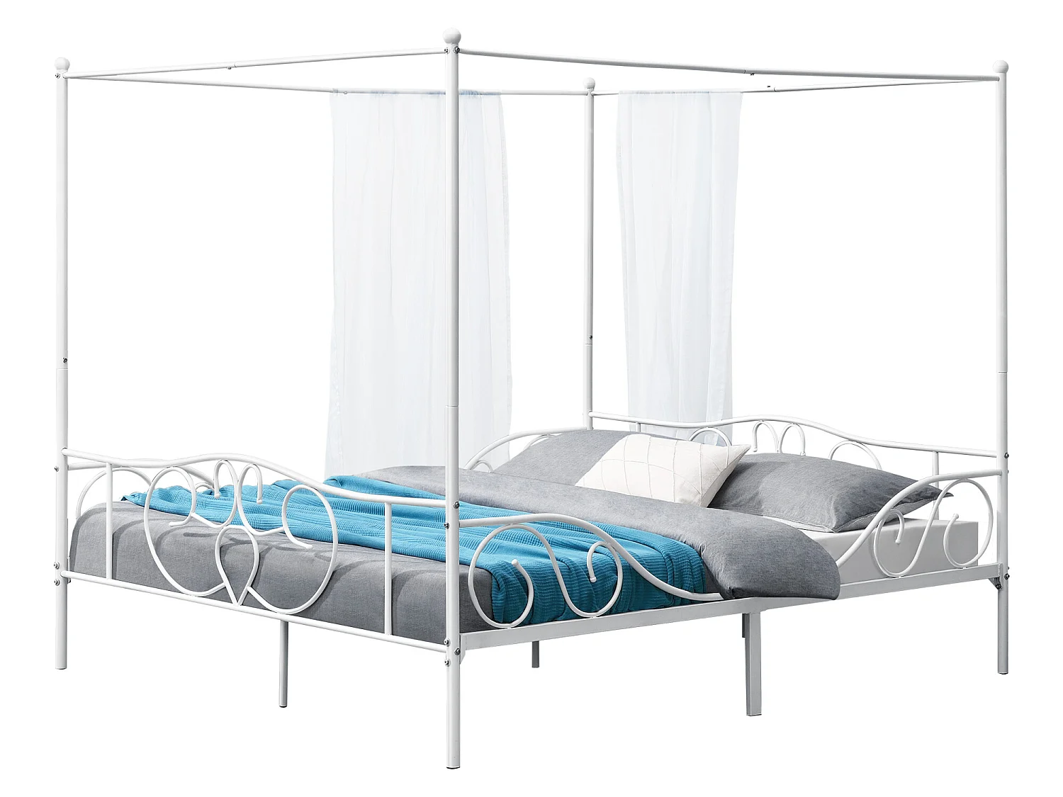 Lit Double à Baldaquin Finström en Métal 180 x 200 cm Blanc Mat [en.casa]