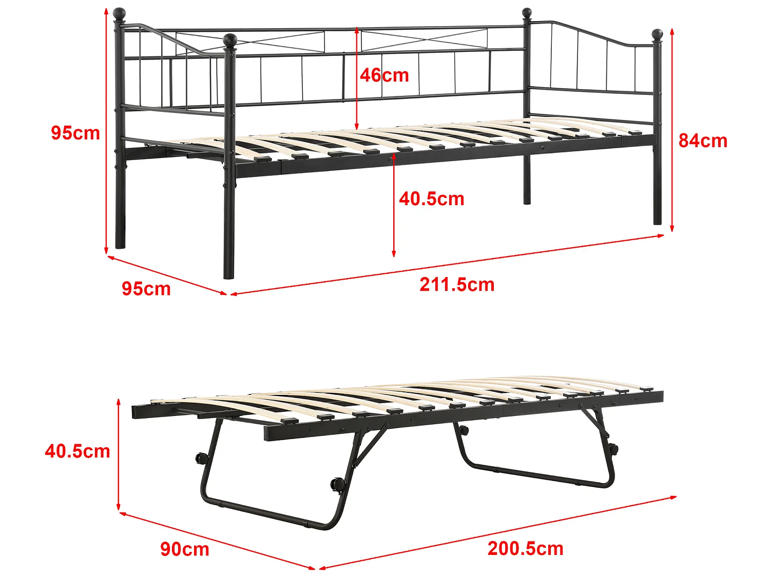 Cadre de Lit Gigogne en Métal Sommier à Lattes  Acier Laqué 90 x 200 cm Noir Mat [en.casa]