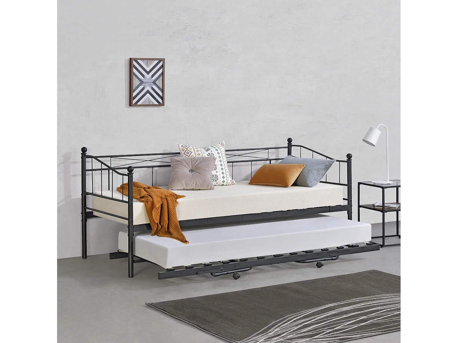 Cadre de Lit Gigogne en Métal Sommier à Lattes  Acier Laqué 90 x 200 cm Noir Mat [en.casa]