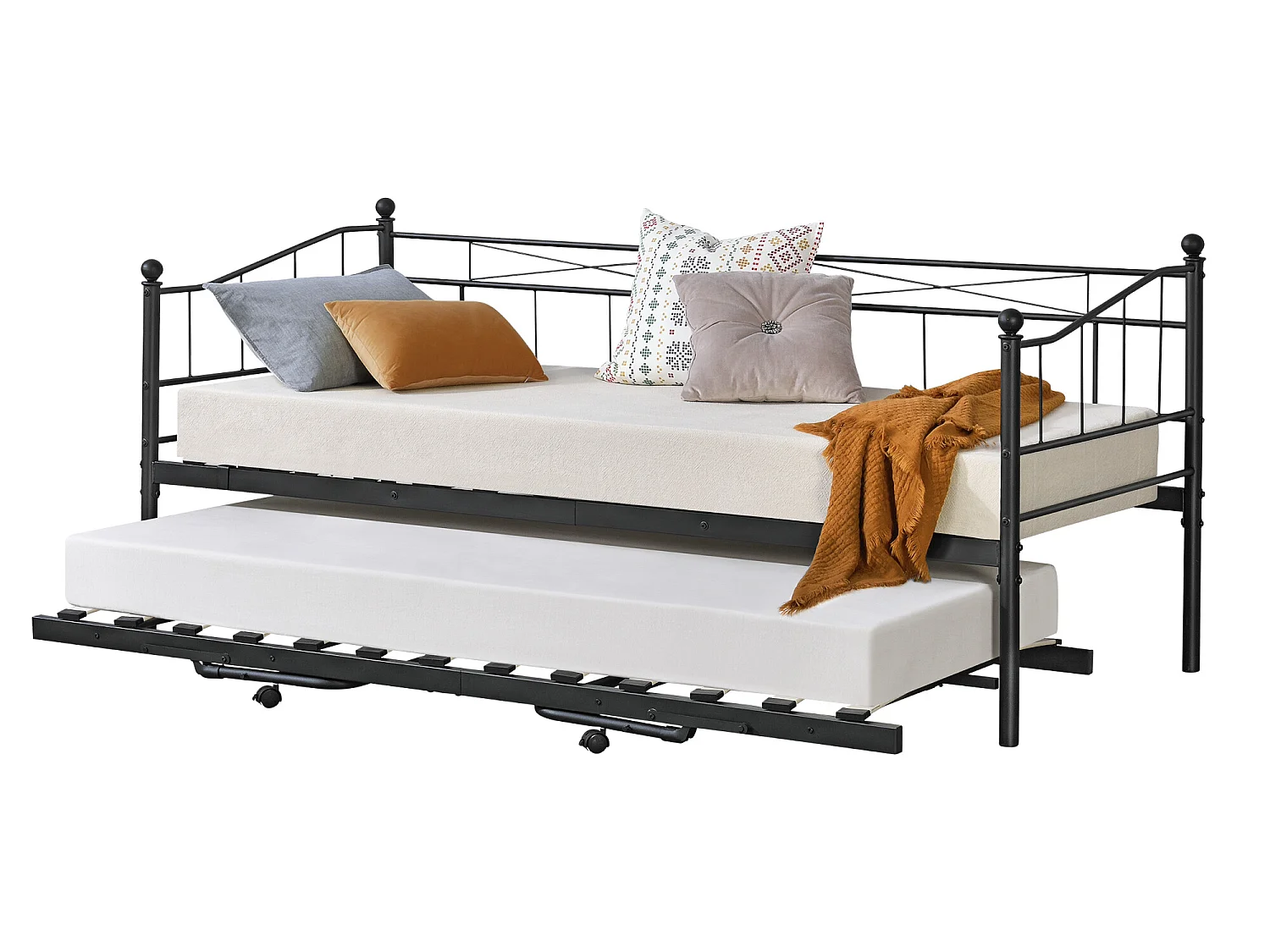 Cadre de Lit Gigogne en Métal Sommier à Lattes  Acier Laqué 90 x 200 cm Noir Mat [en.casa]