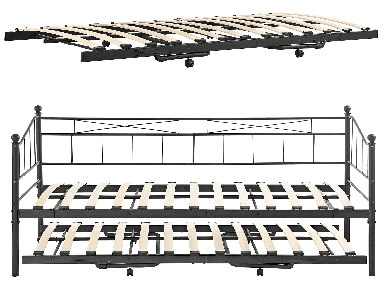 Cadre de Lit Gigogne en Métal Sommier à Lattes  Acier Laqué 90 x 200 cm Noir Mat [en.casa]