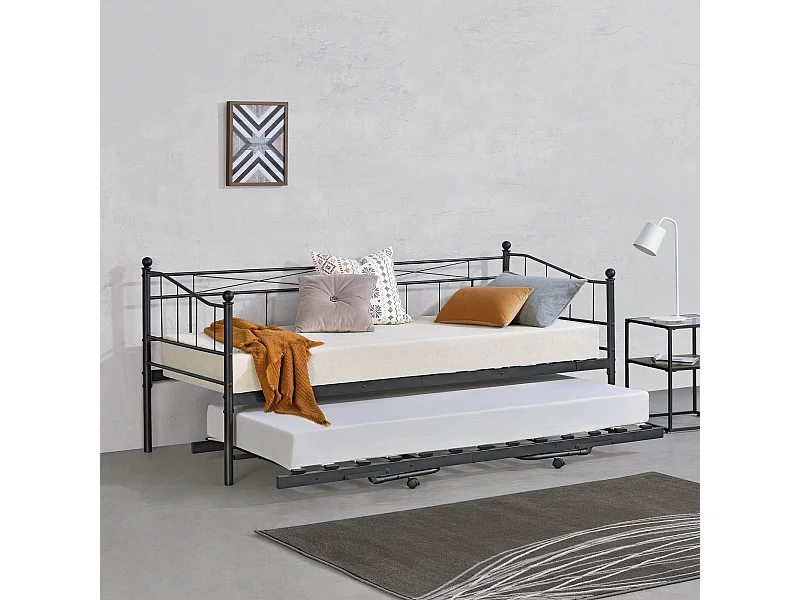 Cadre de Lit Gigogne en Métal Sommier à Lattes  Acier Laqué 90 x 200 cm Noir Mat [en.casa]
