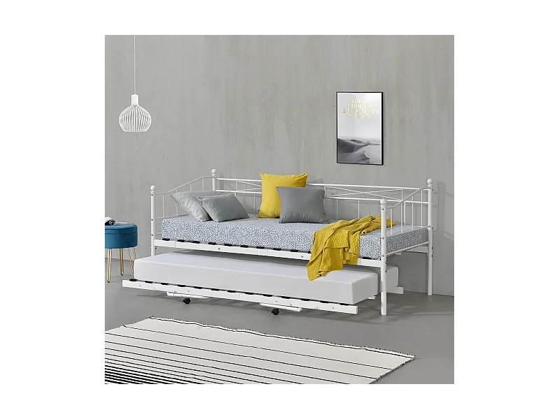 Cadre de Lit Gigogne en Métal Sommier à Lattes  Acier Laqué 90 x 200 cm Blanc Mat [en.casa]