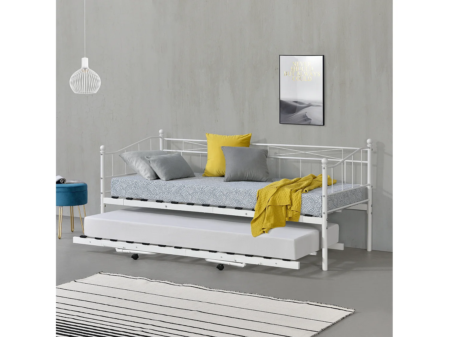 Cadre de Lit Gigogne en Métal Sommier à Lattes  Acier Laqué 90 x 200 cm Blanc Mat [en.casa]