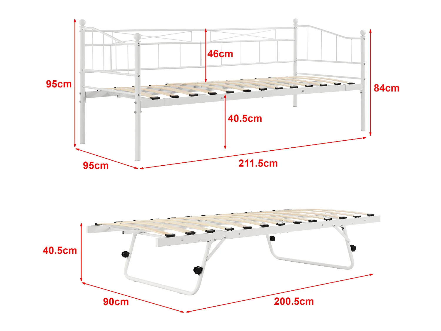 Cadre de Lit Gigogne en Métal Sommier à Lattes  Acier Laqué 90 x 200 cm Blanc Mat [en.casa]