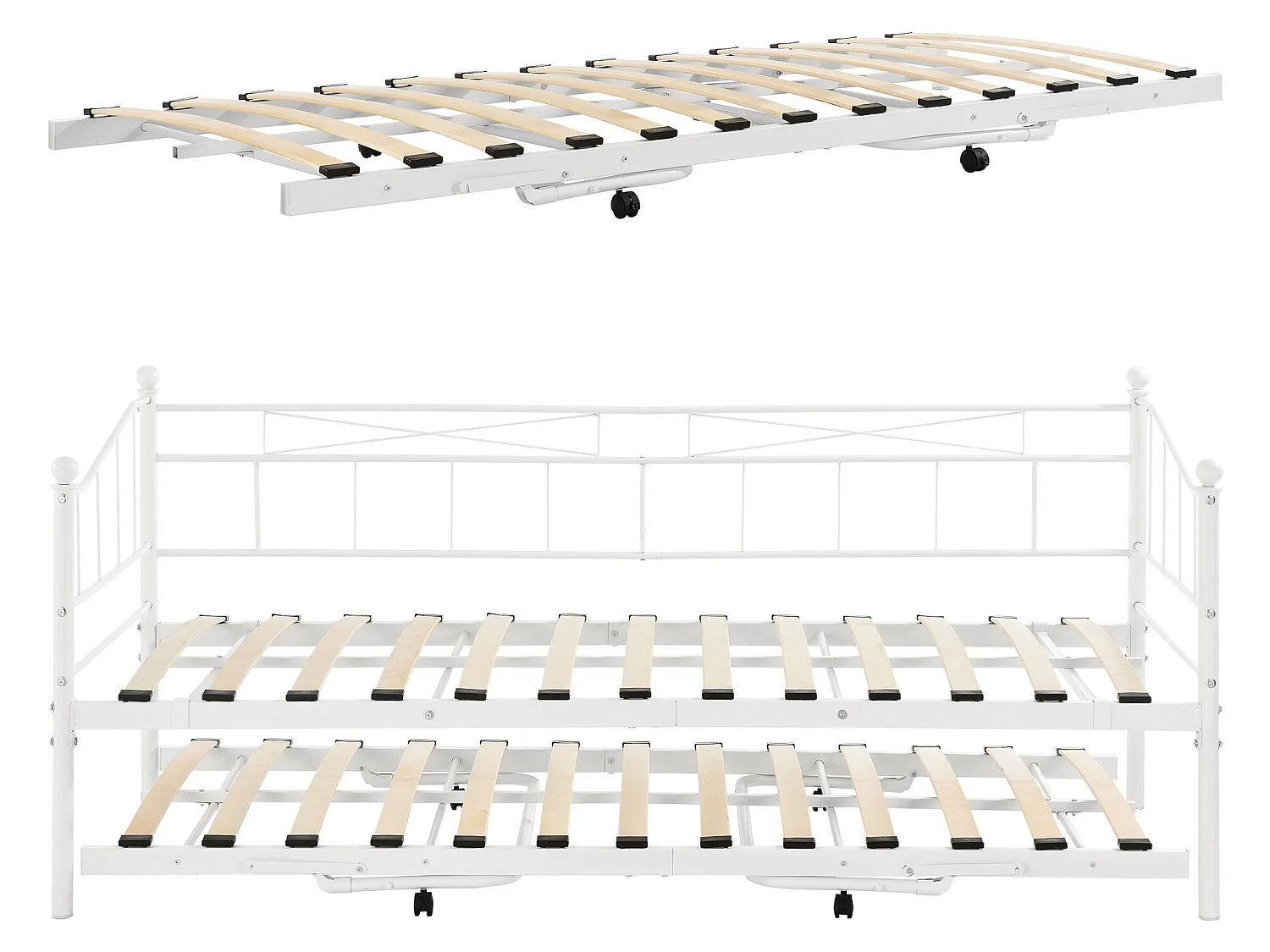 Cadre de Lit Gigogne en Métal Sommier à Lattes  Acier Laqué 90 x 200 cm Blanc Mat [en.casa]