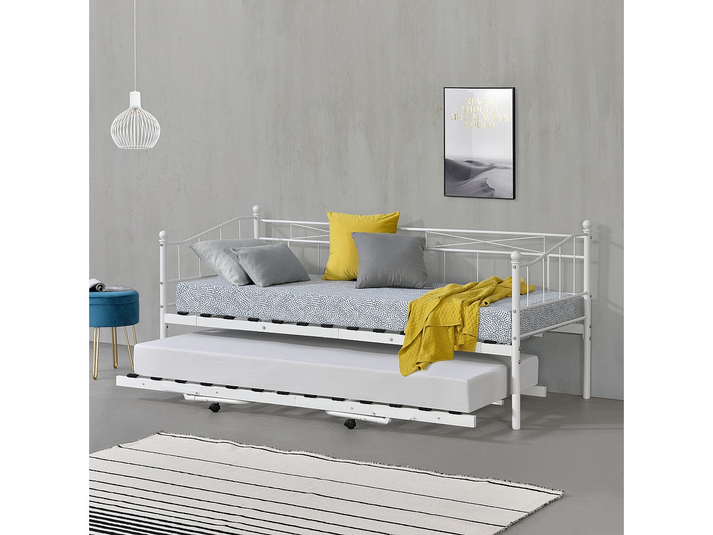 Lit gigogne 90x200 cm - TANANT - 2 en 1 - Rembourré - Accoudoirs - MDF et Lin Beige - Maison