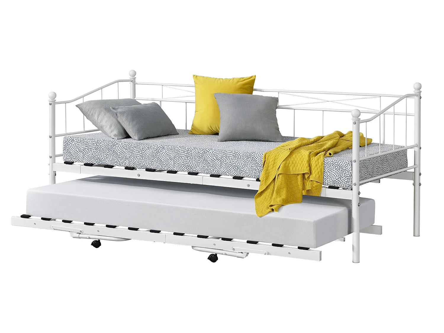 Cadre de Lit Gigogne en Métal Sommier à Lattes  Acier Laqué 90 x 200 cm Blanc Mat [en.casa]