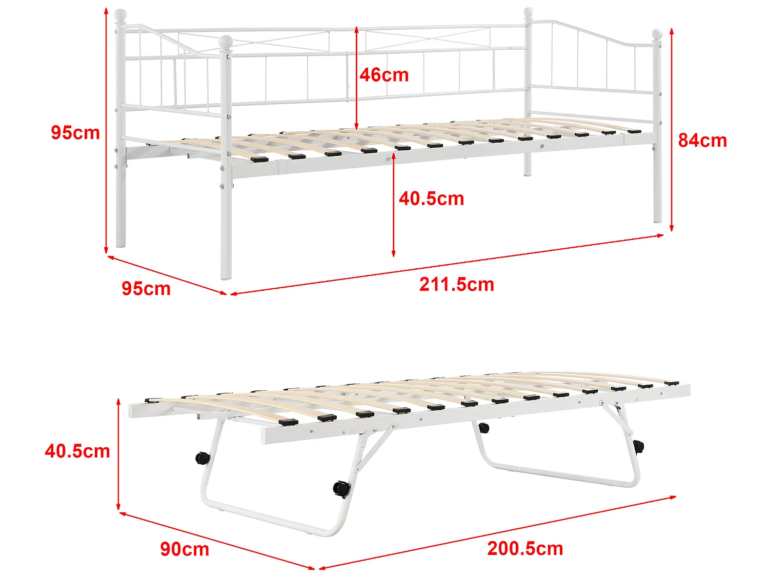 Cadre de Lit Gigogne en Métal Sommier à Lattes  Acier Laqué 90 x 200 cm Blanc Mat [en.casa]