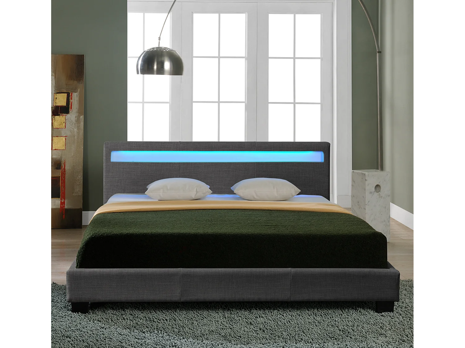 Lit Double Rembourré Design_LED Sommier à Lattes Polyester 180 x 200 cm Gris Foncé Corium