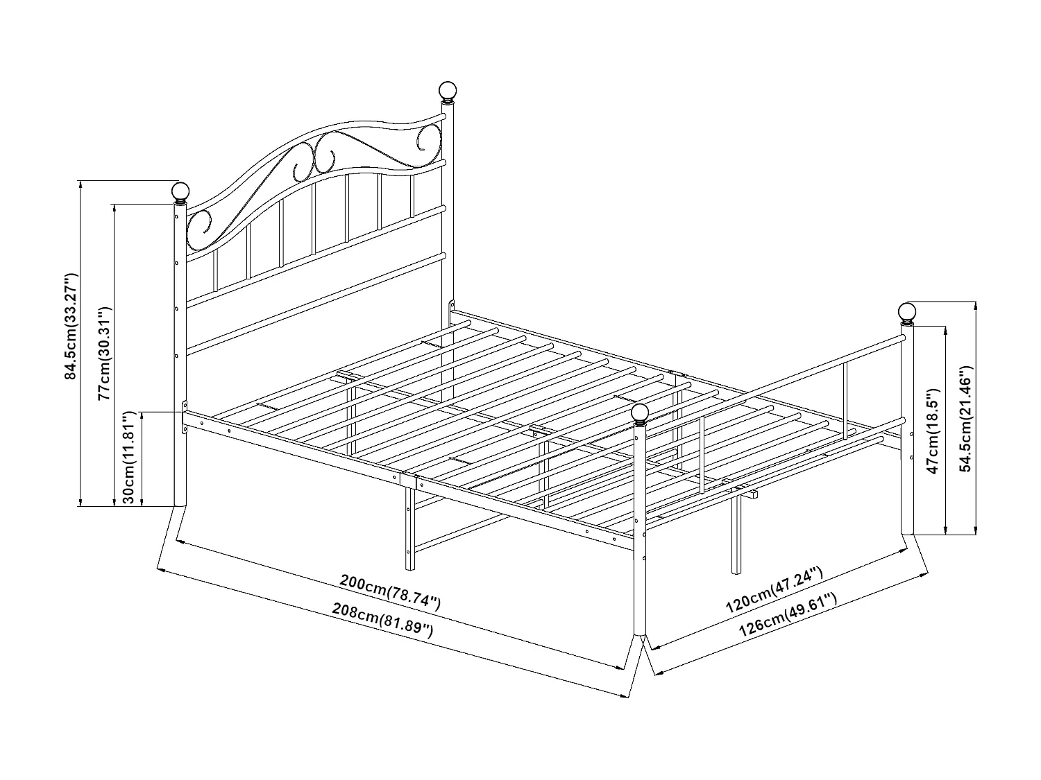 Cadre de lit métallique Florenz avec tête de lit 120 x 200 cm noir [en.casa]