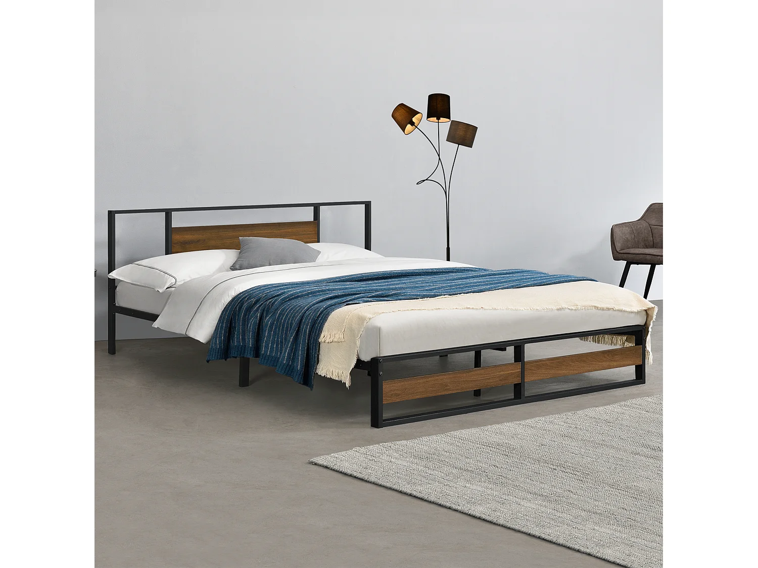 Cadre de Lit Double Villach en Métal 180 x 200 cm Noir Mat Effet Noyer [en.casa]