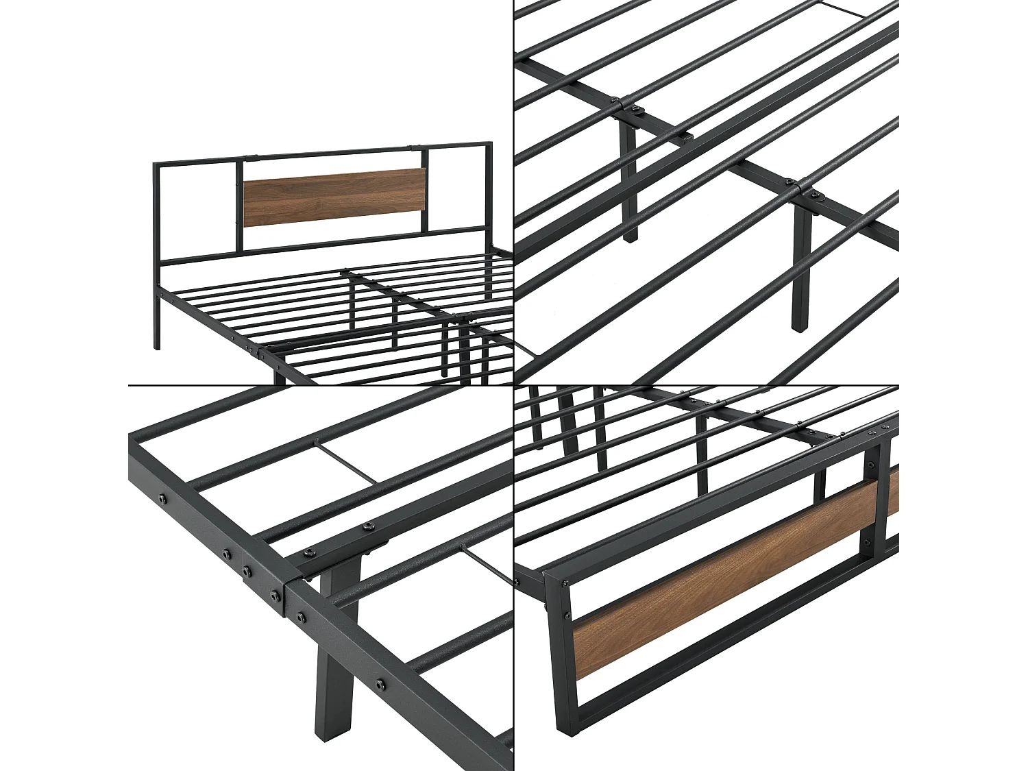 Cadre de Lit Double Villach en Métal 180 x 200 cm Noir Mat Effet Noyer [en.casa]