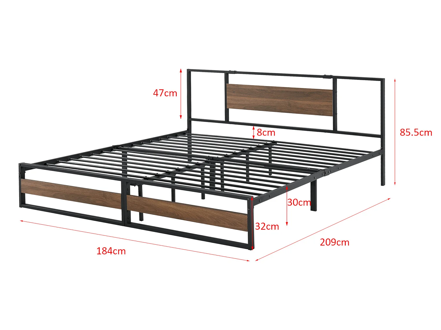 Cadre de Lit Double Villach en Métal 180 x 200 cm Noir Mat Effet Noyer [en.casa]