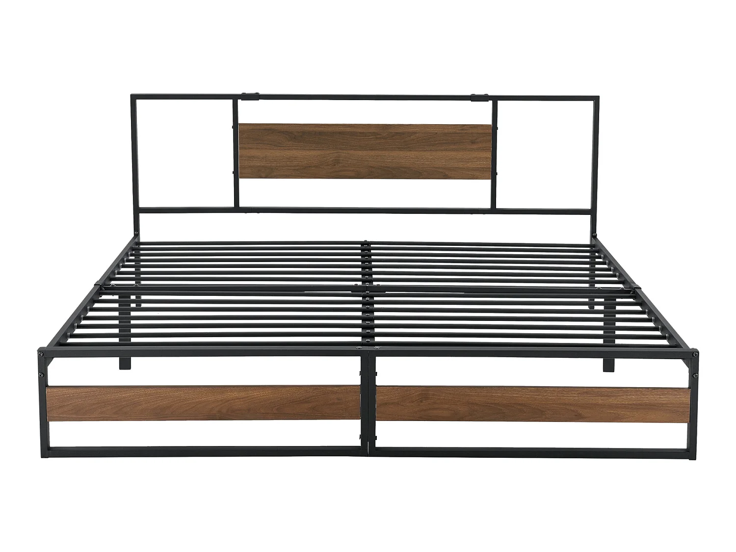 Cadre de Lit Double Villach en Métal 180 x 200 cm Noir Mat Effet Noyer [en.casa]