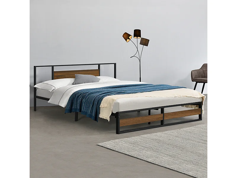 Cadre de Lit Double Villach en Métal 180 x 200 cm Noir Mat Effet Noyer [en.casa]