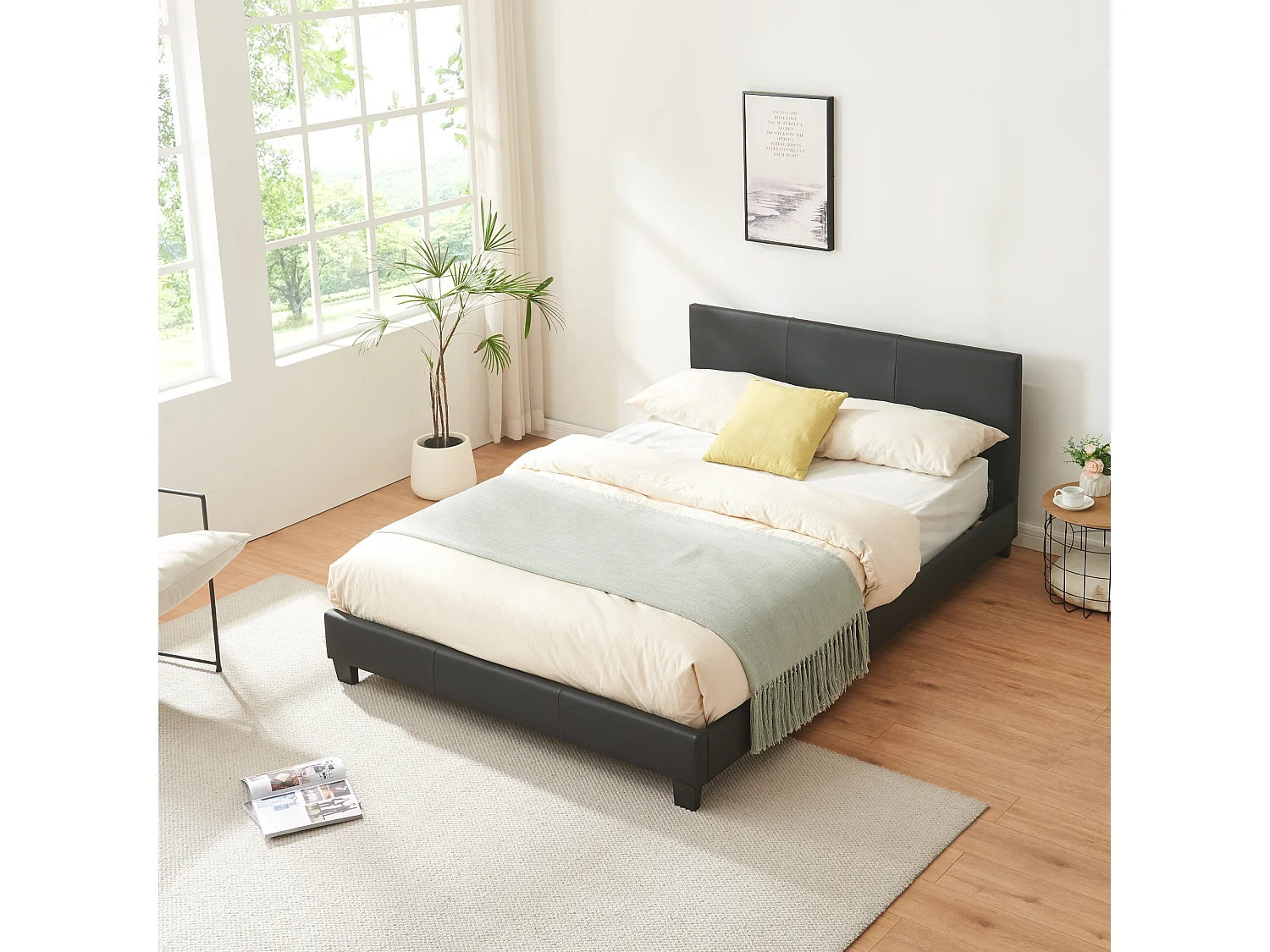 Lit Double Rembourré Albacete Sommier à Lattes Simili 140 x 200 cm Noir Corium