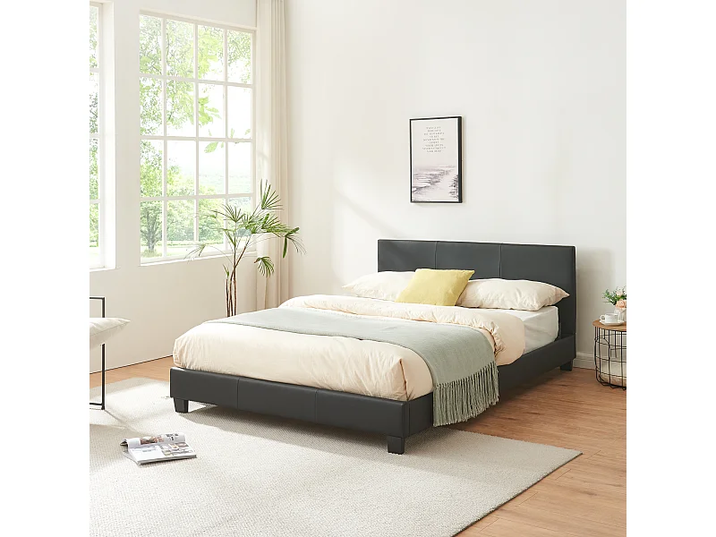 Lit Double Rembourré Albacete Sommier à Lattes Simili 140 x 200 cm Noir Corium