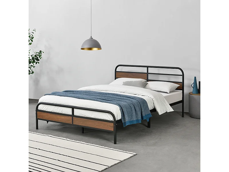 Cadre de Lit Double Aarau en Métal 140 x 200 cm Noir Mat Effet Noyer [en.casa]