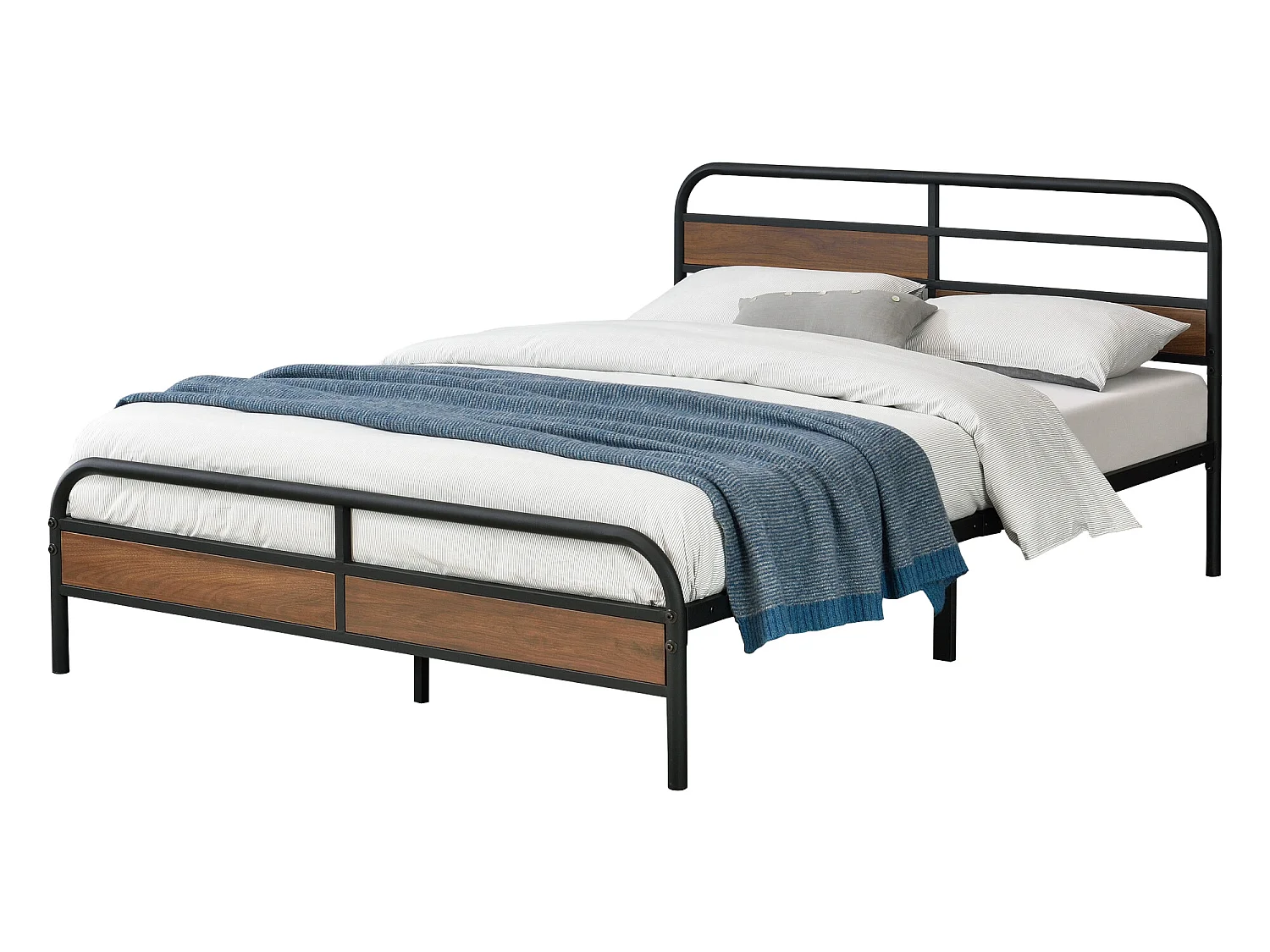 Cadre de Lit Double Aarau en Métal 140 x 200 cm Noir Mat Effet Noyer [en.casa]