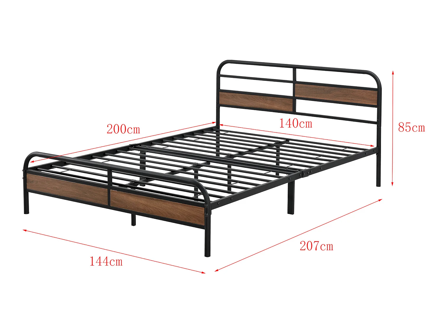 Cadre de Lit Double Aarau en Métal 140 x 200 cm Noir Mat Effet Noyer [en.casa]